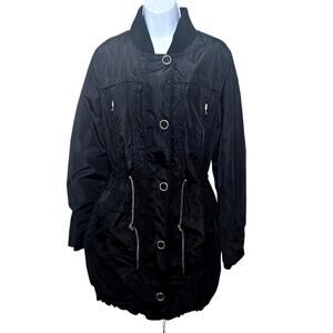 Anna Cai Black Jacket Rain Windbreaker Rib Knit Collar Cuffs MSRP $64 Women's M